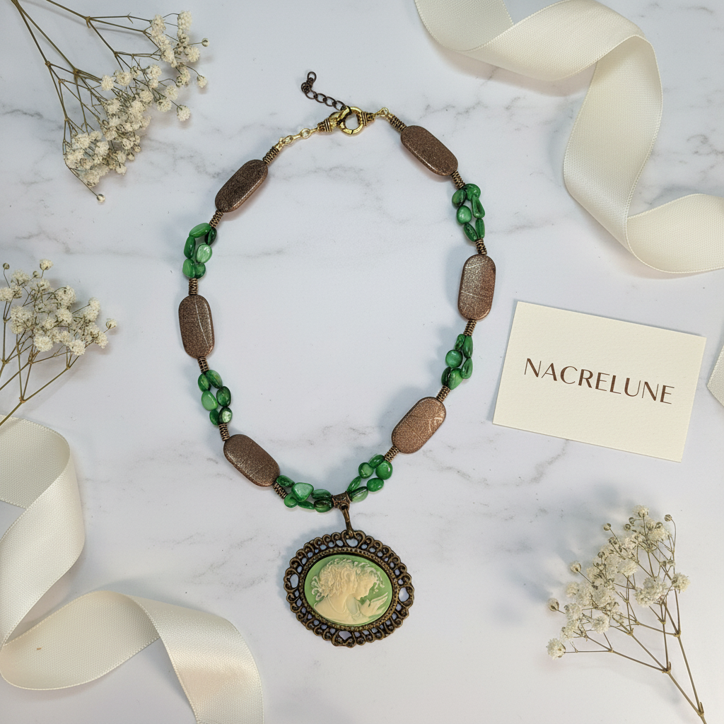 Collier perles de nacre vertes et camée imitation vintage nacrelune.com collier