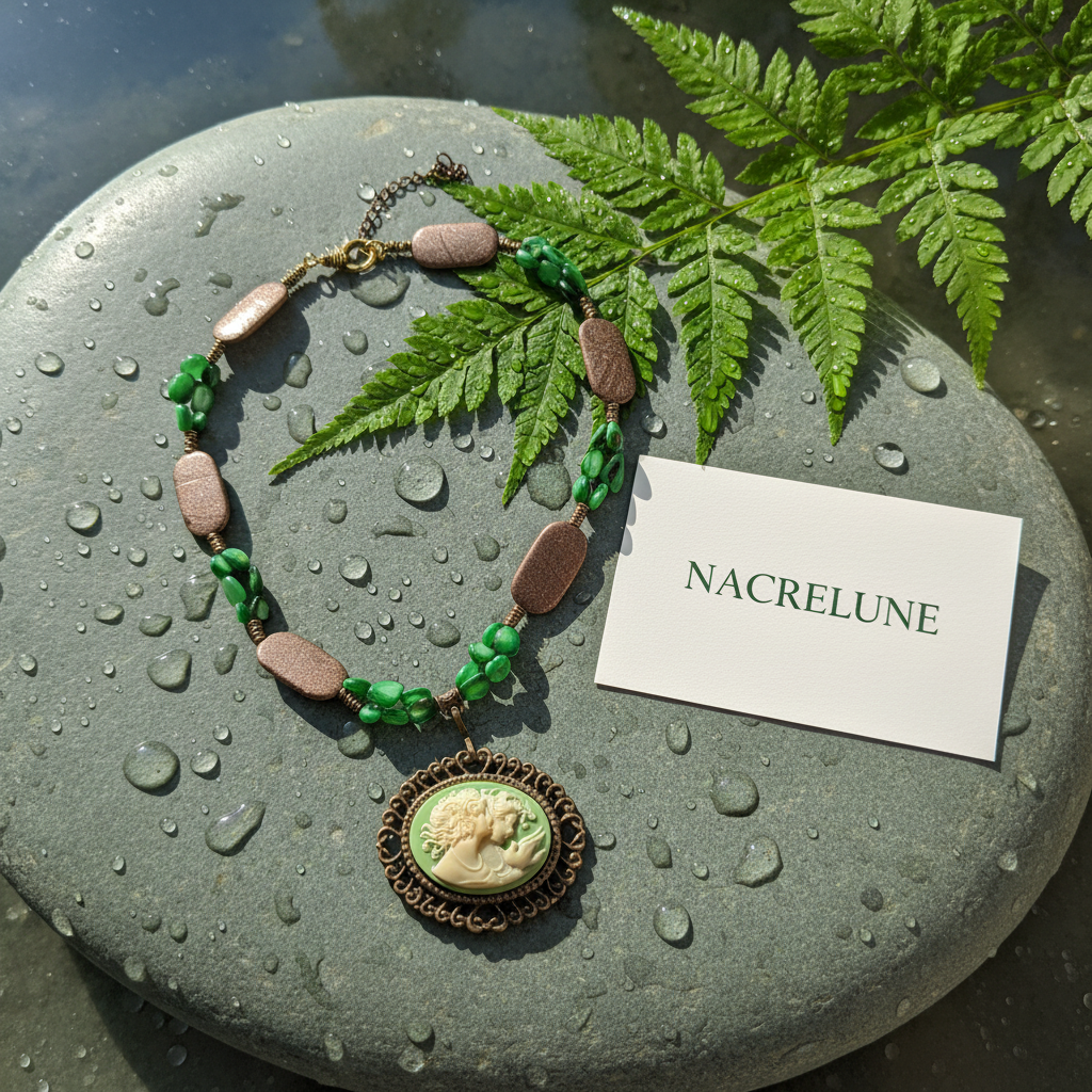 Collier perles de nacre vertes et camée imitation vintage nacrelune.com collier