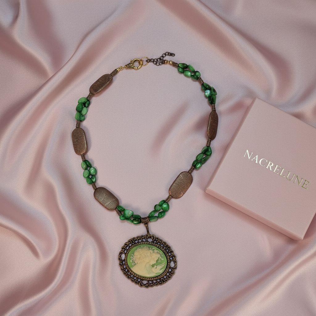 Collier perles de nacre vertes et camée imitation vintage nacrelune.com collier