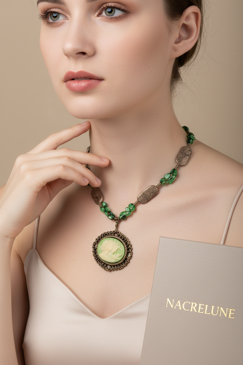 Collier perles de nacre vertes et camée imitation vintage nacrelune.com collier