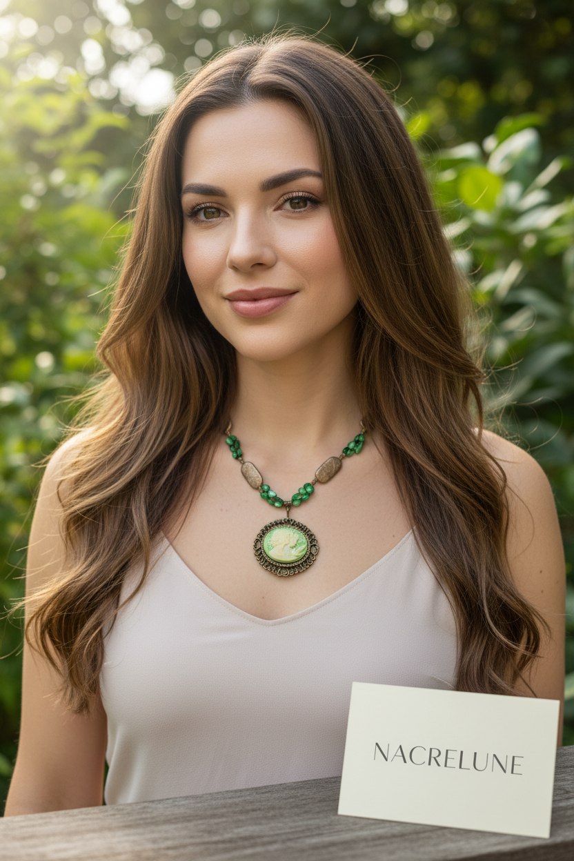 Collier perles de nacre vertes et camée imitation vintage nacrelune.com collier