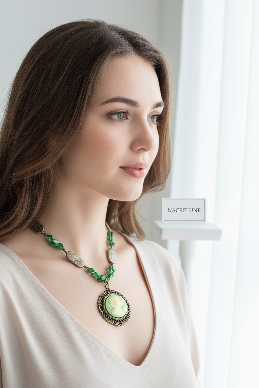 Collier perles de nacre vertes et camée imitation vintage nacrelune.com collier