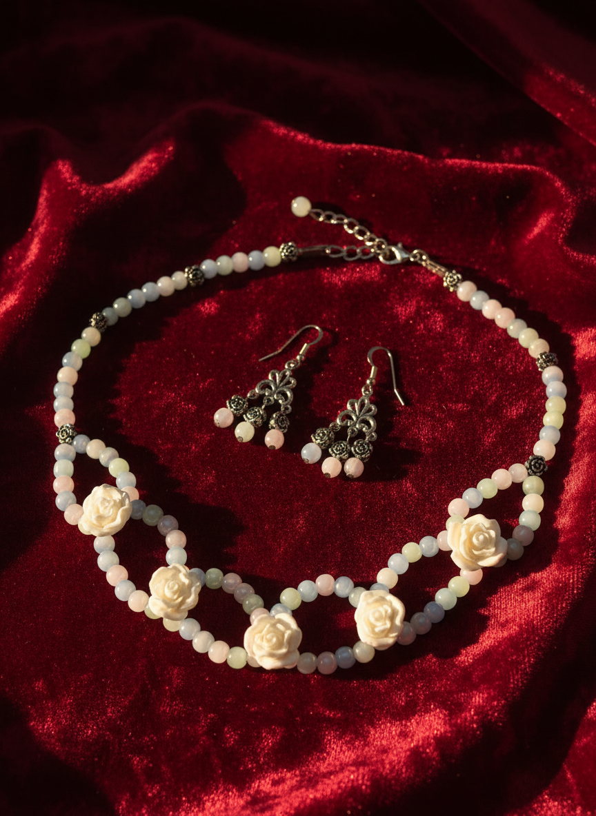 Parure roses blanches en resine et perles de verre nacrelune.com parure