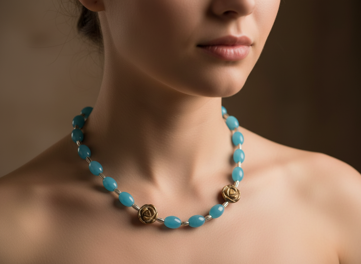 parure en perles de quartz bleus et fleurs sculptées en oeil du tigre nacrelune.com parure