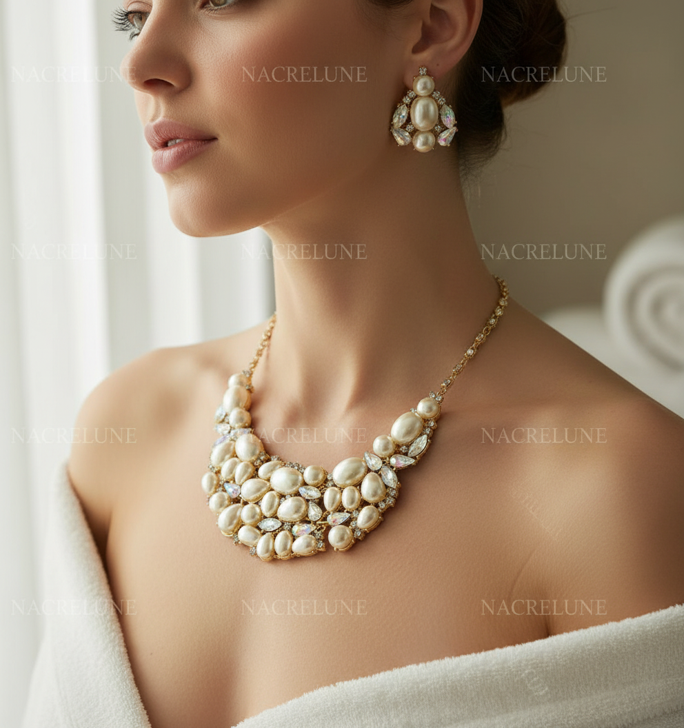 Parure fantaisie en perles fantaisie et strass aurore boréale Blanc NACRELUNE parure