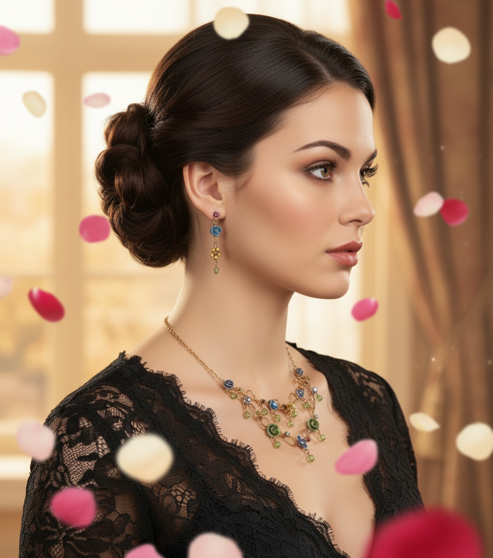 Parure en strass colorés avec petites roses nacrelune.com parure