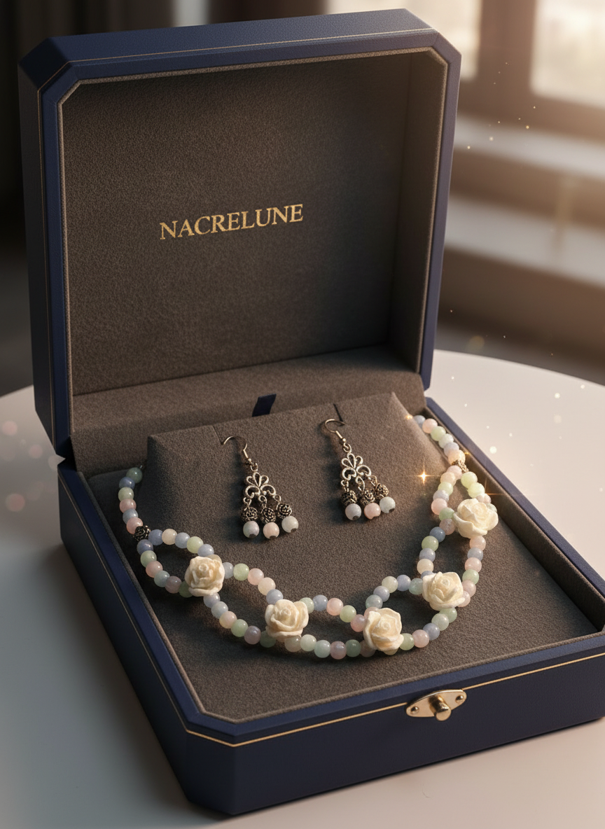 Parure roses blanches en resine et perles de verre nacrelune.com parure