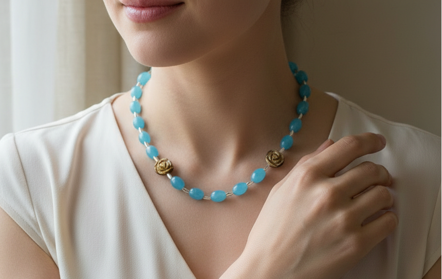 parure en perles de quartz bleus et fleurs sculptées en oeil du tigre nacrelune.com parure