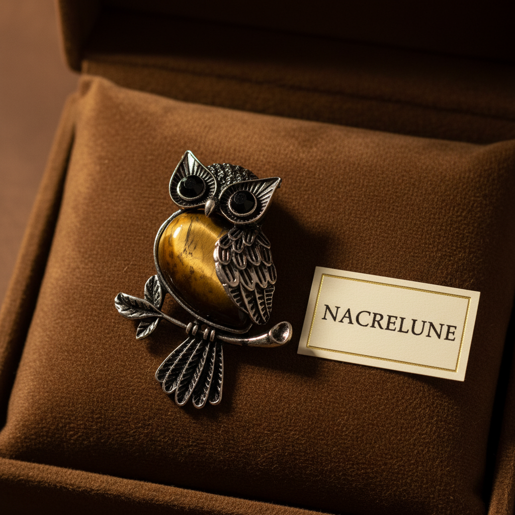 Gros plan pendentif chouette œil tigre velours NACRELUNE