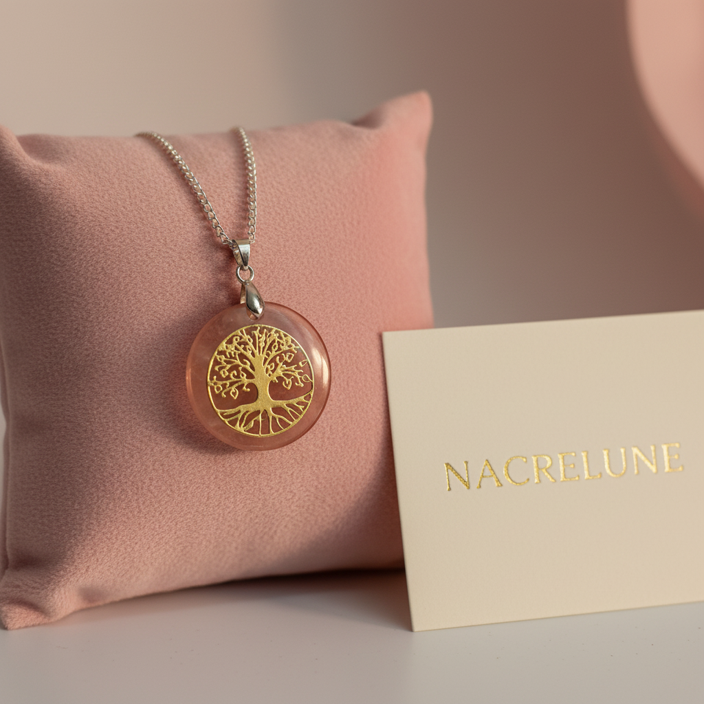 Gros plan pendentif quartz rose arbre vie NACRELUNE