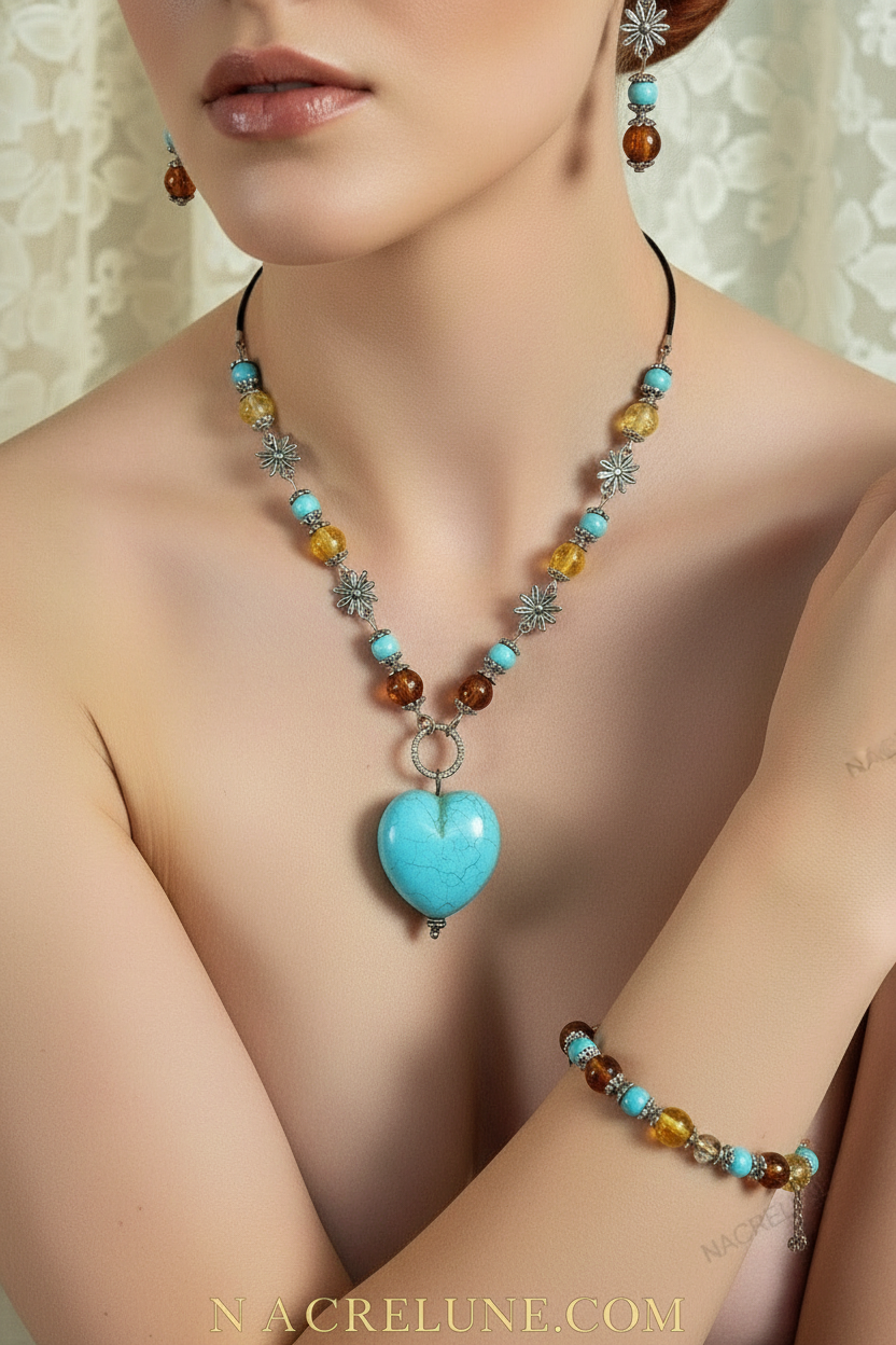 Parure ambre et cœur turquoise NACRELUNE parure