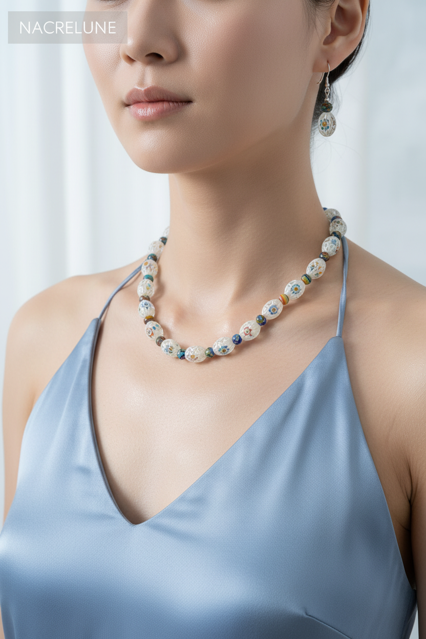 parure en perles de verre dentelle blanche avec millefleurs nacrelune.com parure