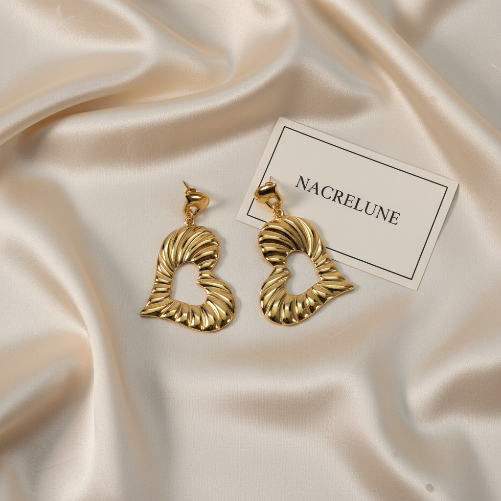 Heart-shaped earrings on cream silk