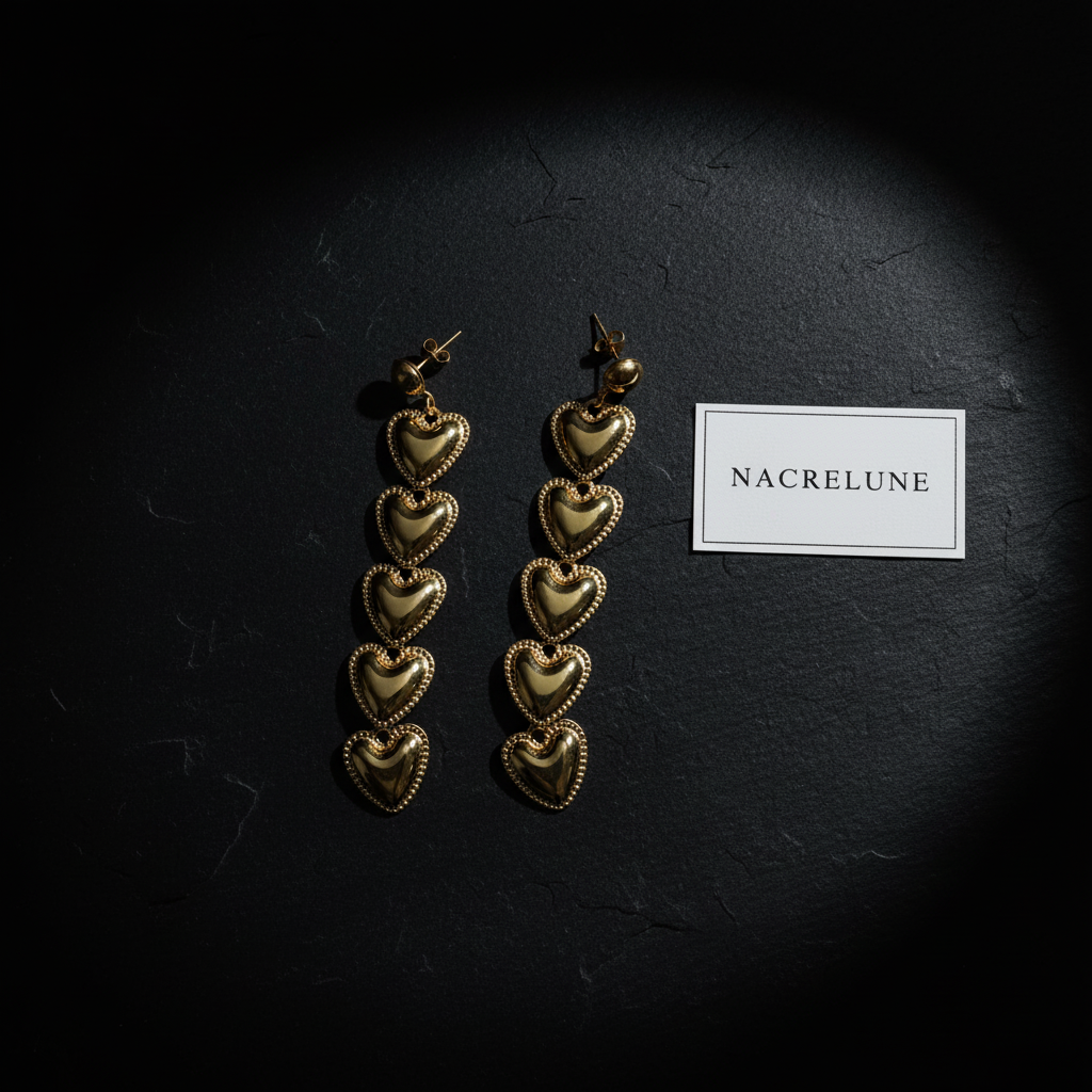 Heart-shaped earrings on dark slate