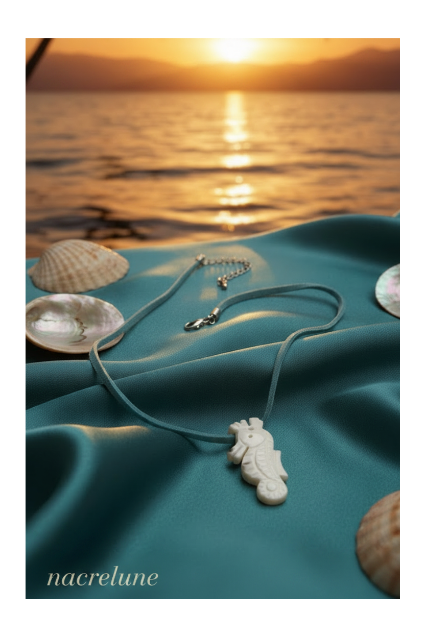 Pendentif hyppocampe en nacre avec son lien cuir nacrelune.com pendentif
