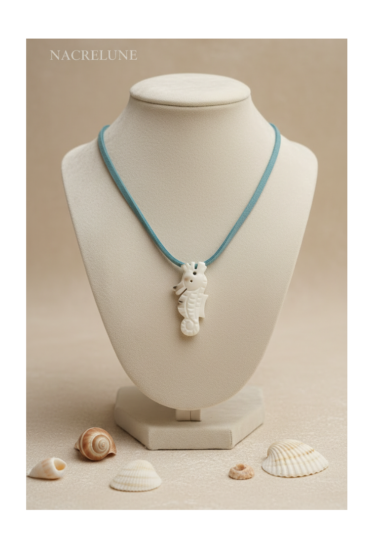 Mother-of-pearl seahorse pendant with leather cord