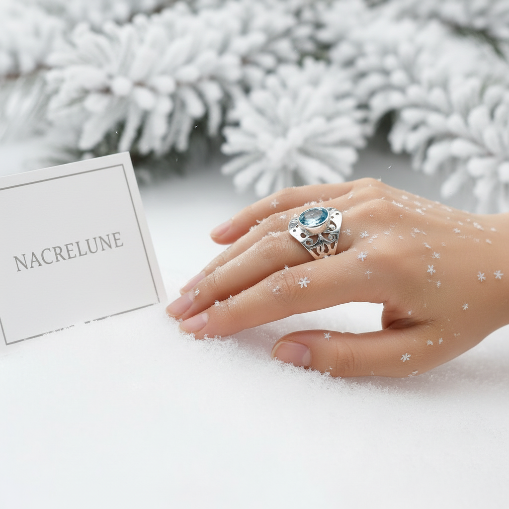 Bague en argent 925 avec topaze bleue taillée nacrelune.com Bague