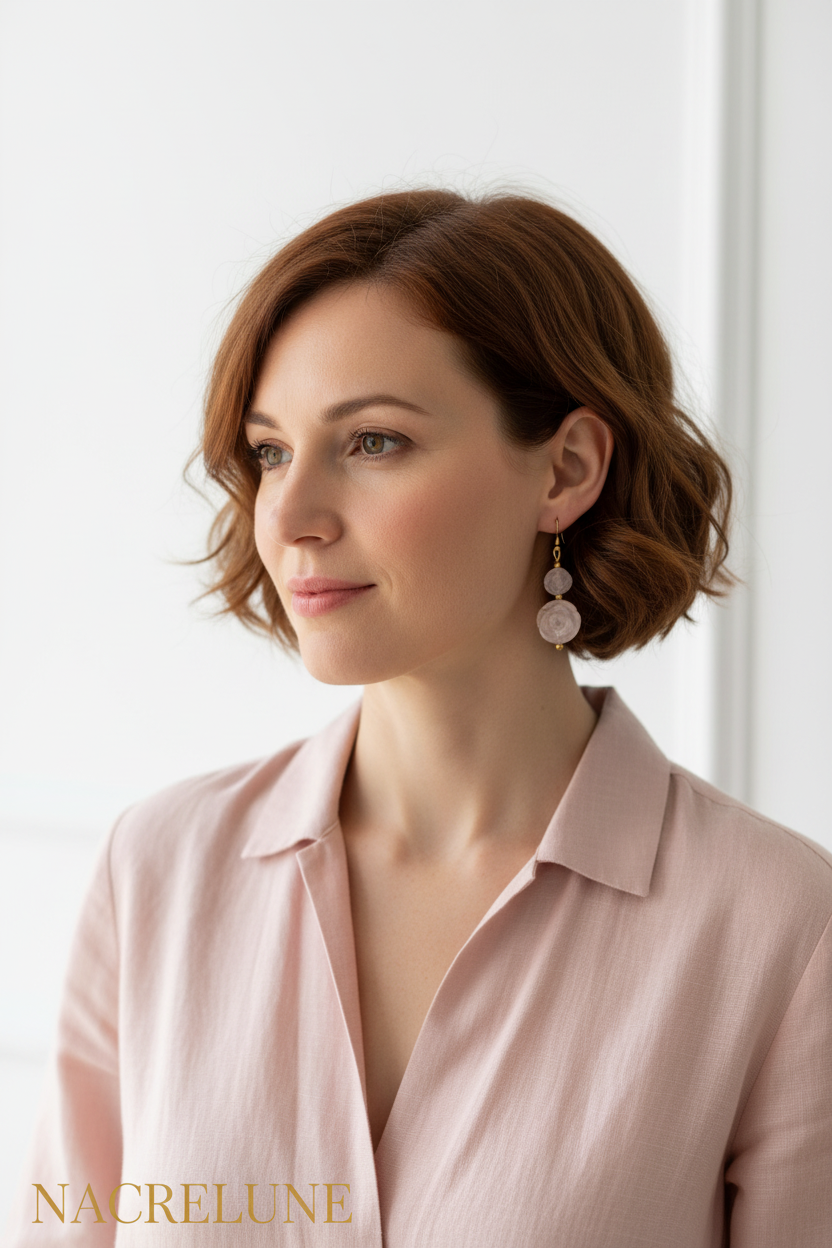 Boucles d'oreille quartz rose en forme de fleurs – Bijou lithothérapie & douceur florale nacrelune.com boucles d'oreille