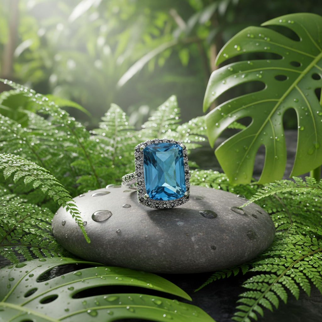 Bague Argent 925 Topaze Bleue Rectangle 57 nacrelune.com Bague