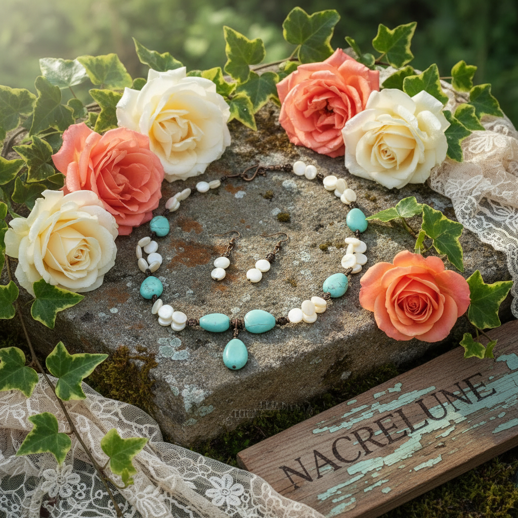 parure en perles pastilles de nacre et perles en turquoise nacrelune.com parure