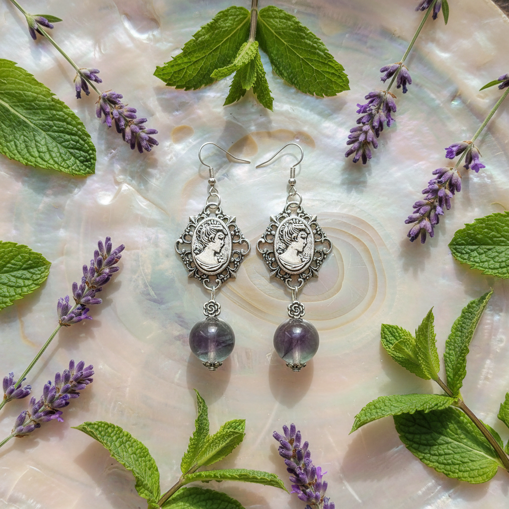 Boucles d'oreille en fluorite naturelle avec camée nacrelune.com boucles d'oreille