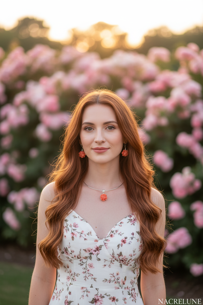 Parure Pivoine Corail | Collier Ras-de-Cou Rigide & Boucles d'Oreilles NACRELUNE parure