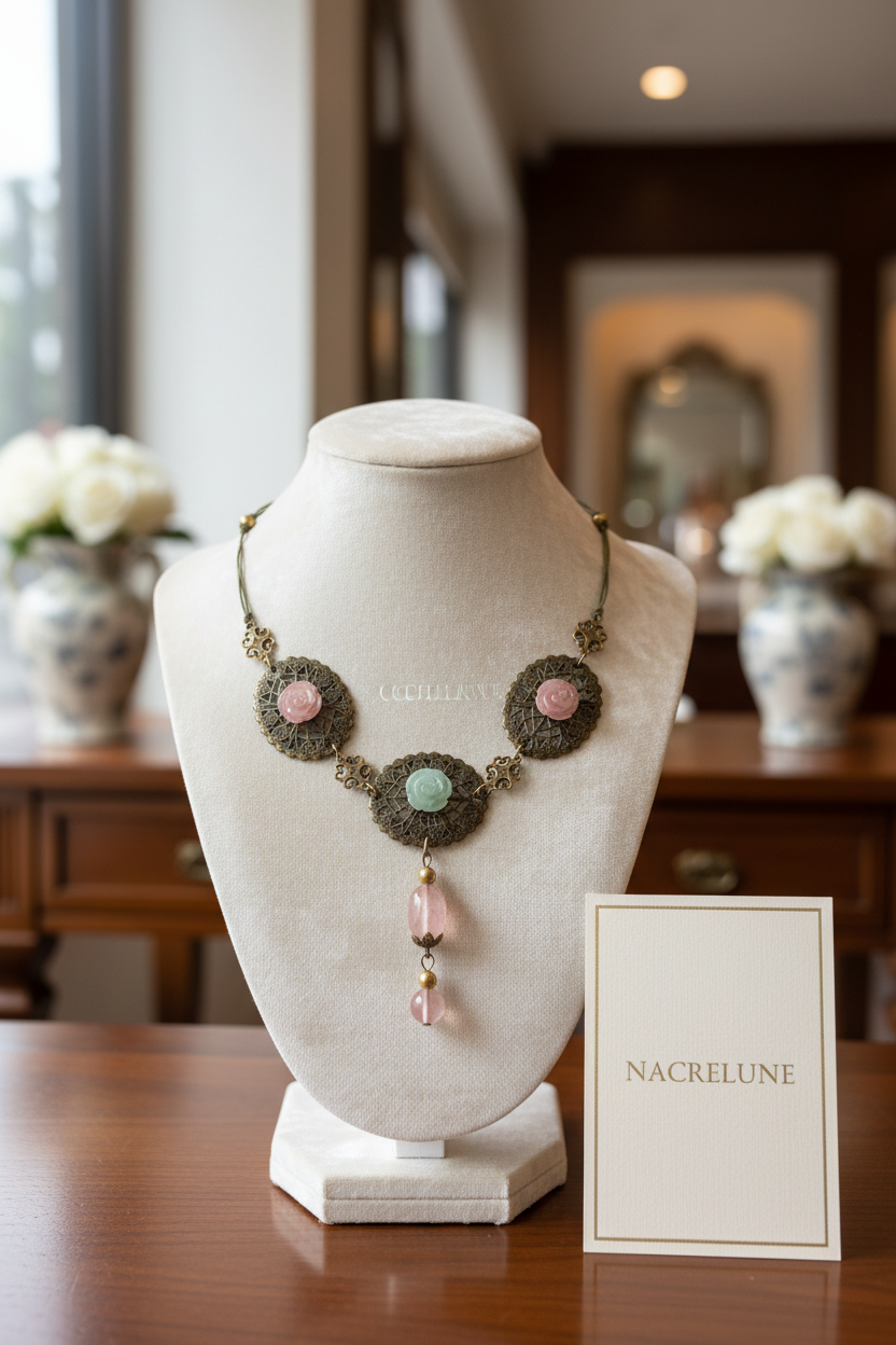Collier en métal avec fleurs en aventurine sculptées et quartz rouges nacrelune.com collier