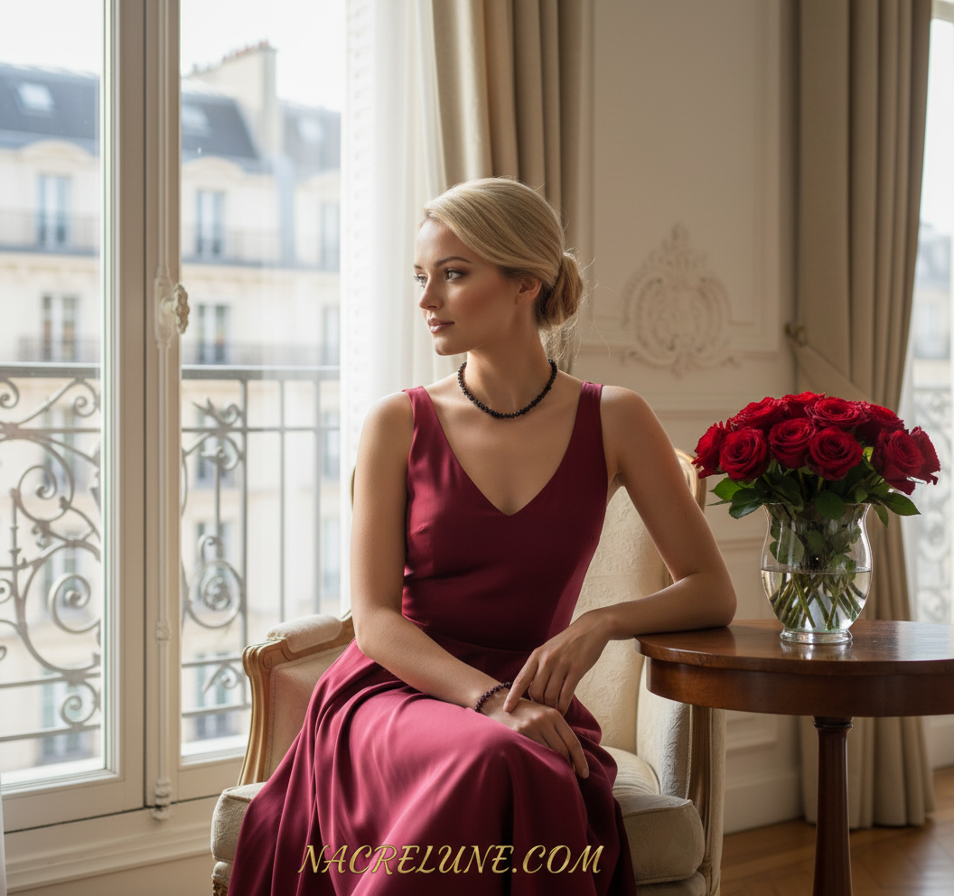 Parure avec collier et bracelet en grenats polis naturels NACRELUNE parure