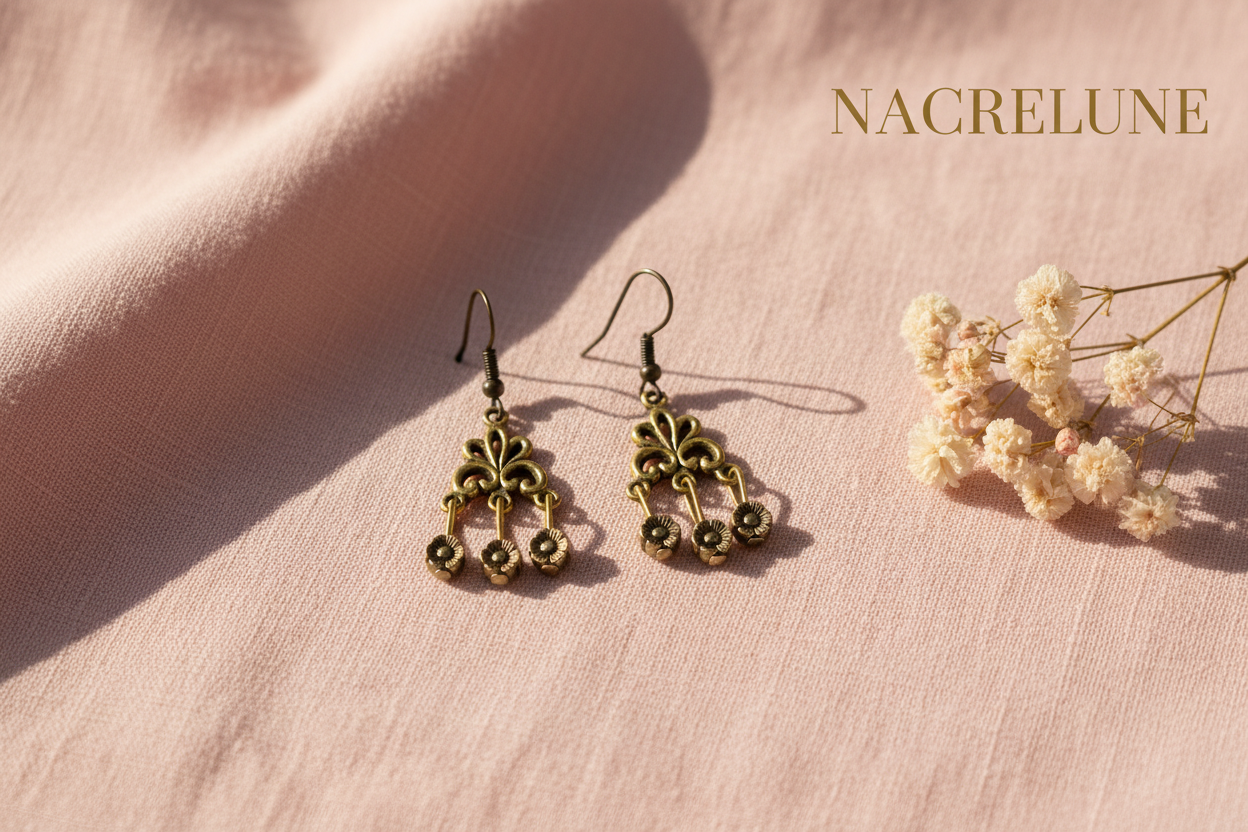 Boucles d'oreille pendantes dorées – Chandelier filigrane & perles nacrelune.com boucles d'oreille
