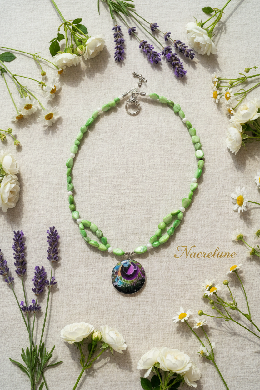 Collier en perles de nacre avec grande perle en nacre peinte nacrelune.com collier