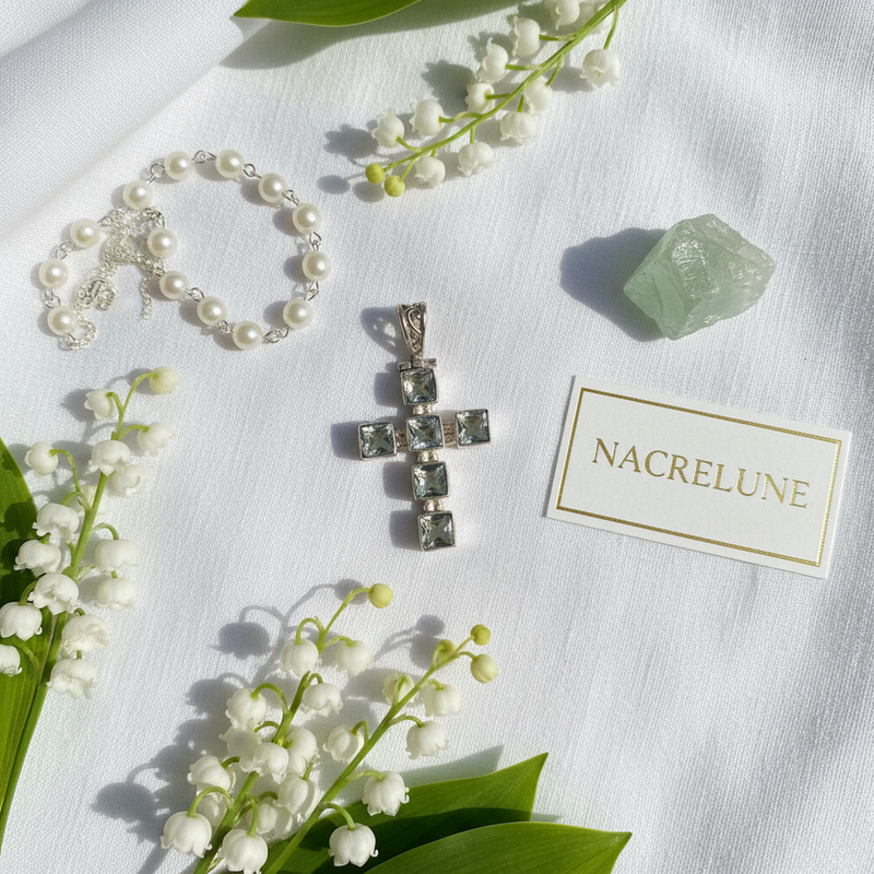 Pendentif Croix en Argent Véritable & Améthystes Vertes – NACRELUNE NACRELUNE pendentif