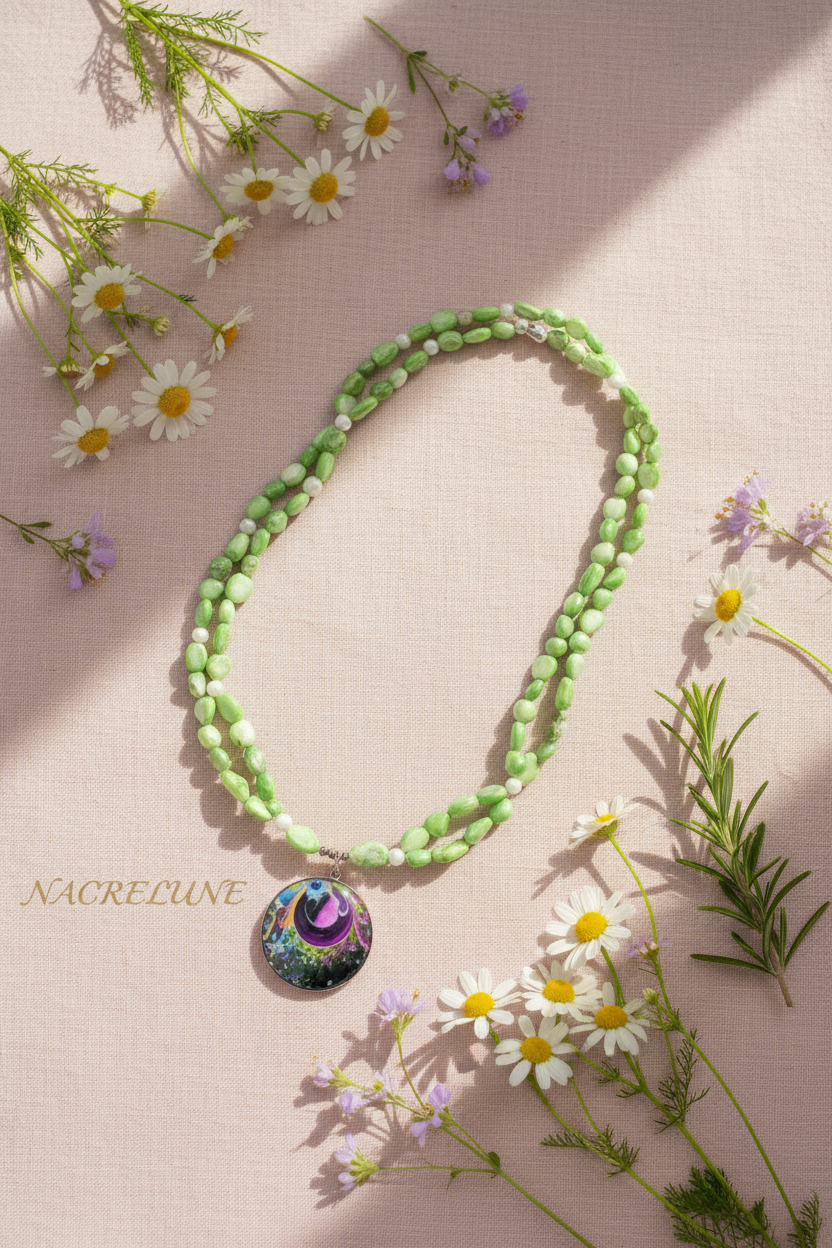 Collier en perles de nacre avec grande perle en nacre peinte nacrelune.com collier