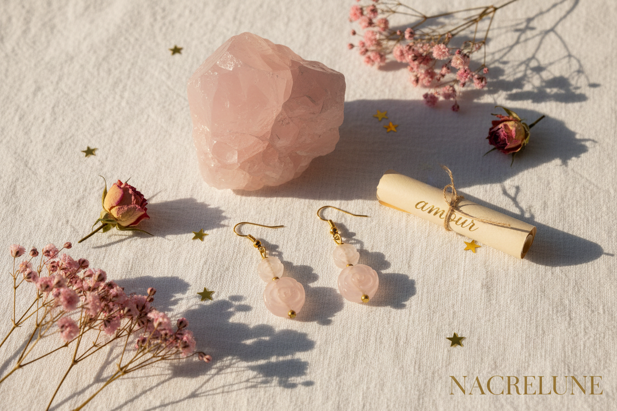 Boucles d'oreille quartz rose en forme de fleurs – Bijou lithothérapie & douceur florale nacrelune.com boucles d'oreille