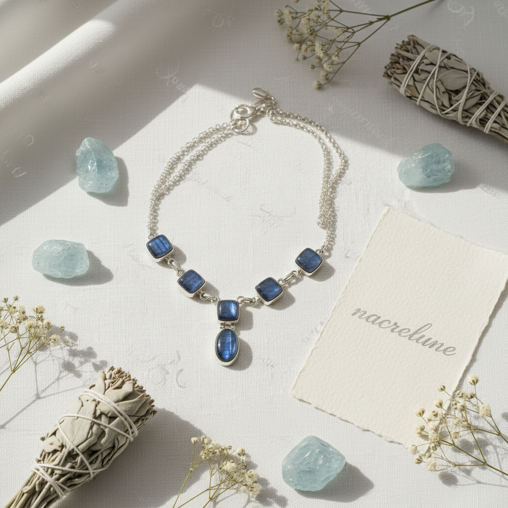 Collier en argent 905 avec kyanites polies nacrelune.com collier