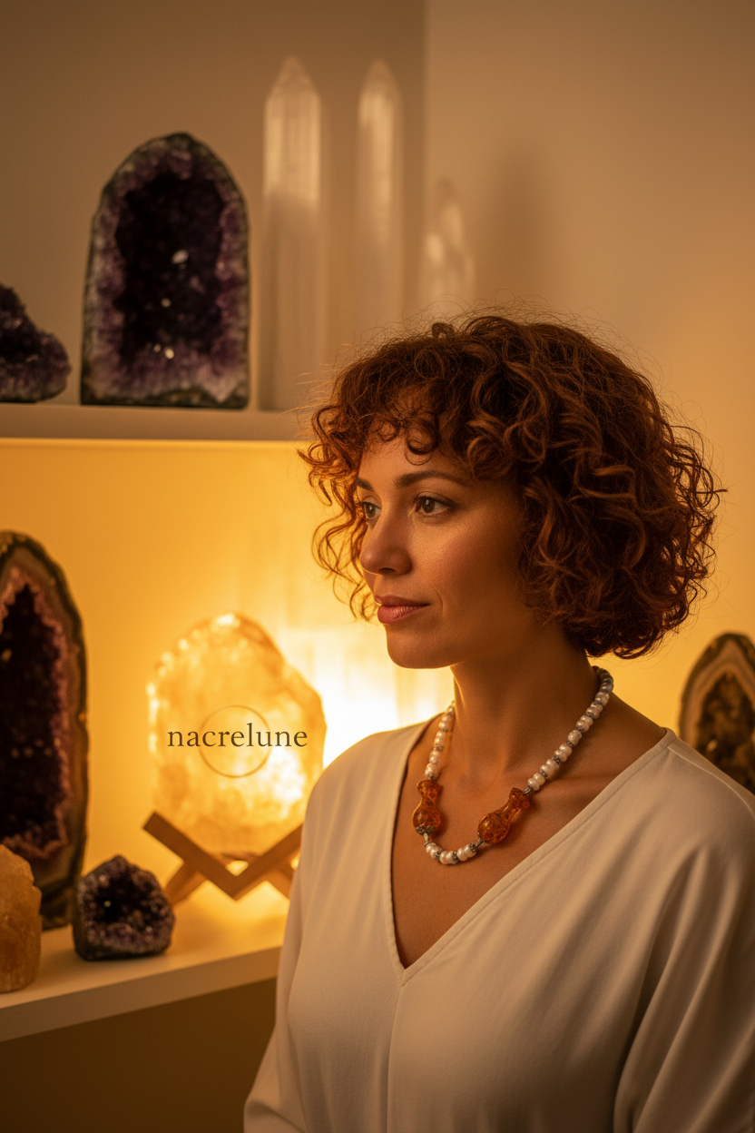 Collier en perles culture avec perles d'ambres pressé nacrelune.com parure