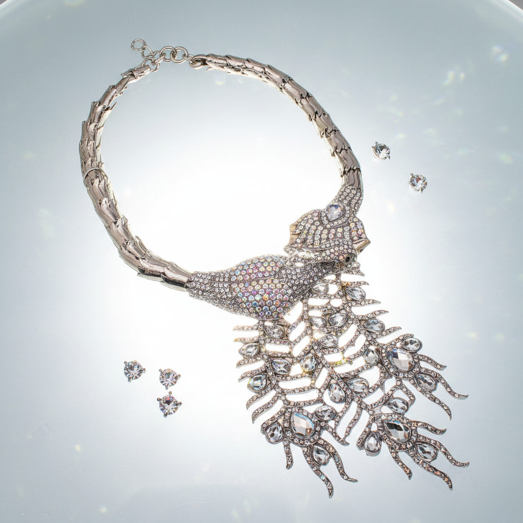 Collier strass couleur aurore boréale représentant un paon monté sur métal argenté nacrelune.com collier