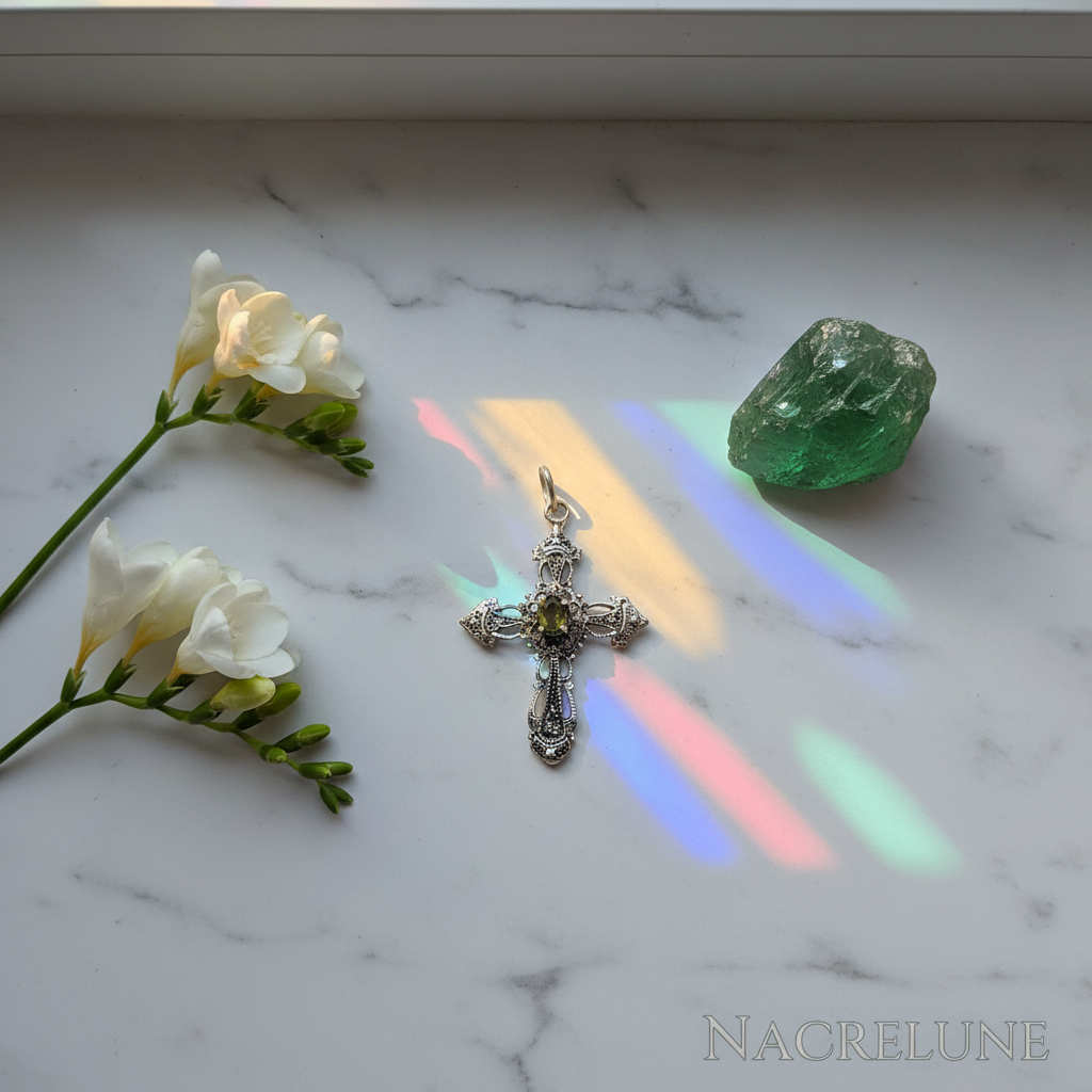 Pendentif Croix en Argent Véritable & Péridot – NACRELUNE NACRELUNE pendentif
