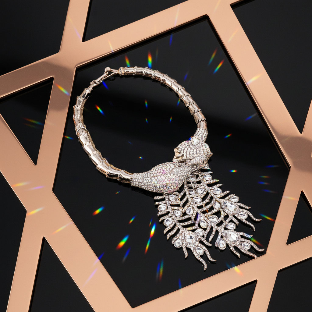 Collier strass couleur aurore boréale représentant un paon monté sur métal argenté nacrelune.com collier