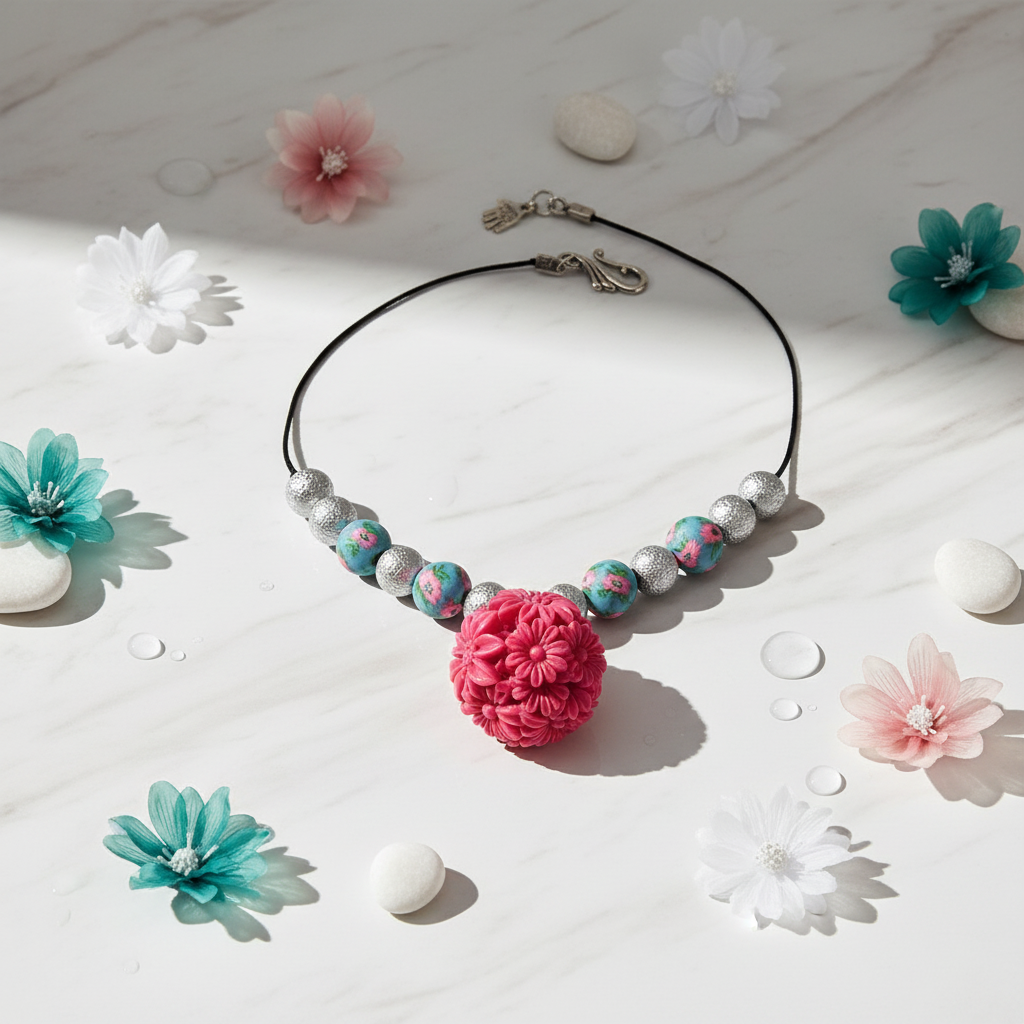 Collier en pâte fimo, acrylique et fleurs en resine rose NACRELUNE collier