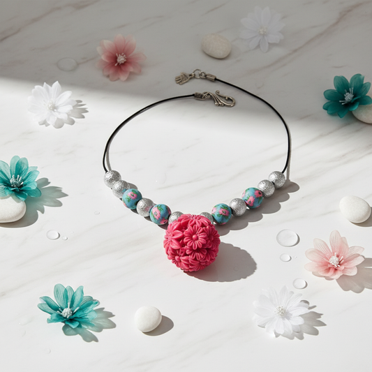 Collier en pâte fimo, acrylique et fleurs en resine rose NACRELUNE collier