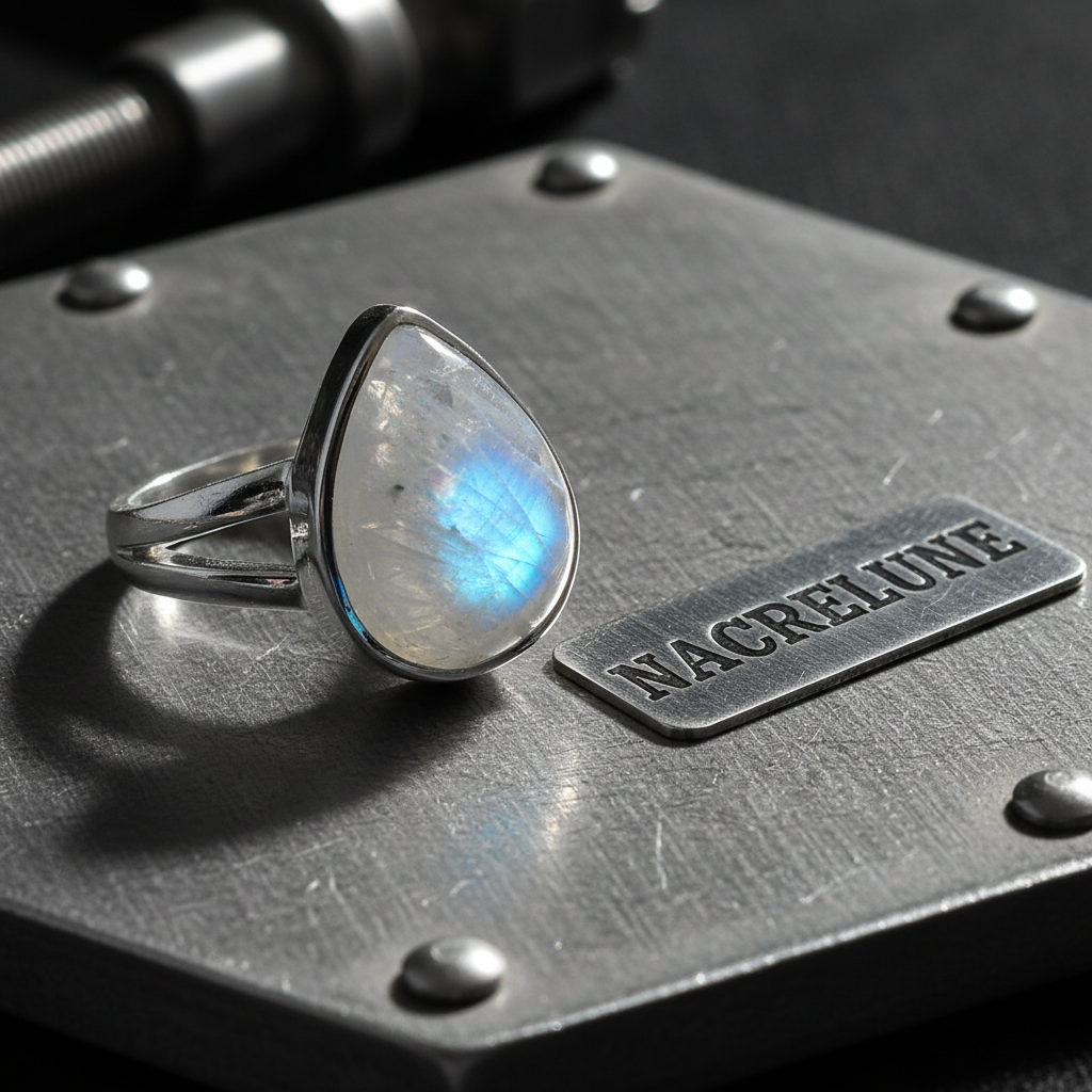 Bague en argent véritable avec magnifique pierre de lune bleue 55 nacrelune.com Bague