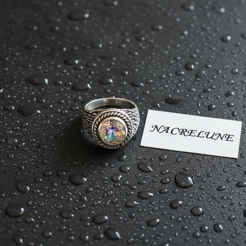 Bague en argent 925 avec topaze traitée mystique multicolore nacrelune.com Bague