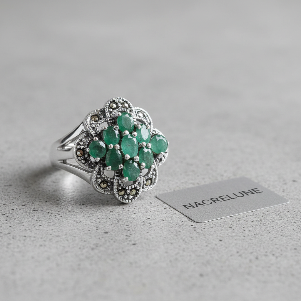 Bague en argent véritable et marcassites avec émeraudes vraies 56 nacrelune.com Bague