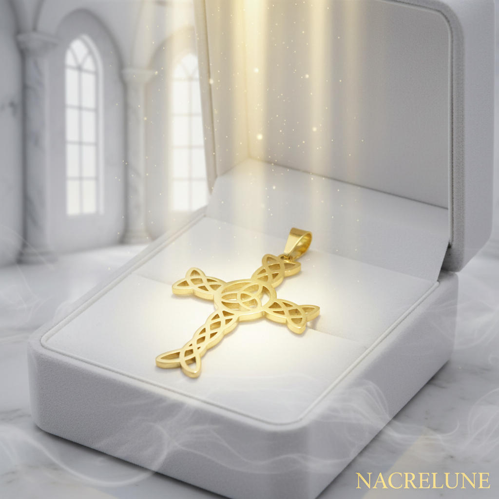 Pendentif Croix Celtique Triquetra & Chaîne en Plaqué Or | NACRELUNE nacrelune.com pendentif
