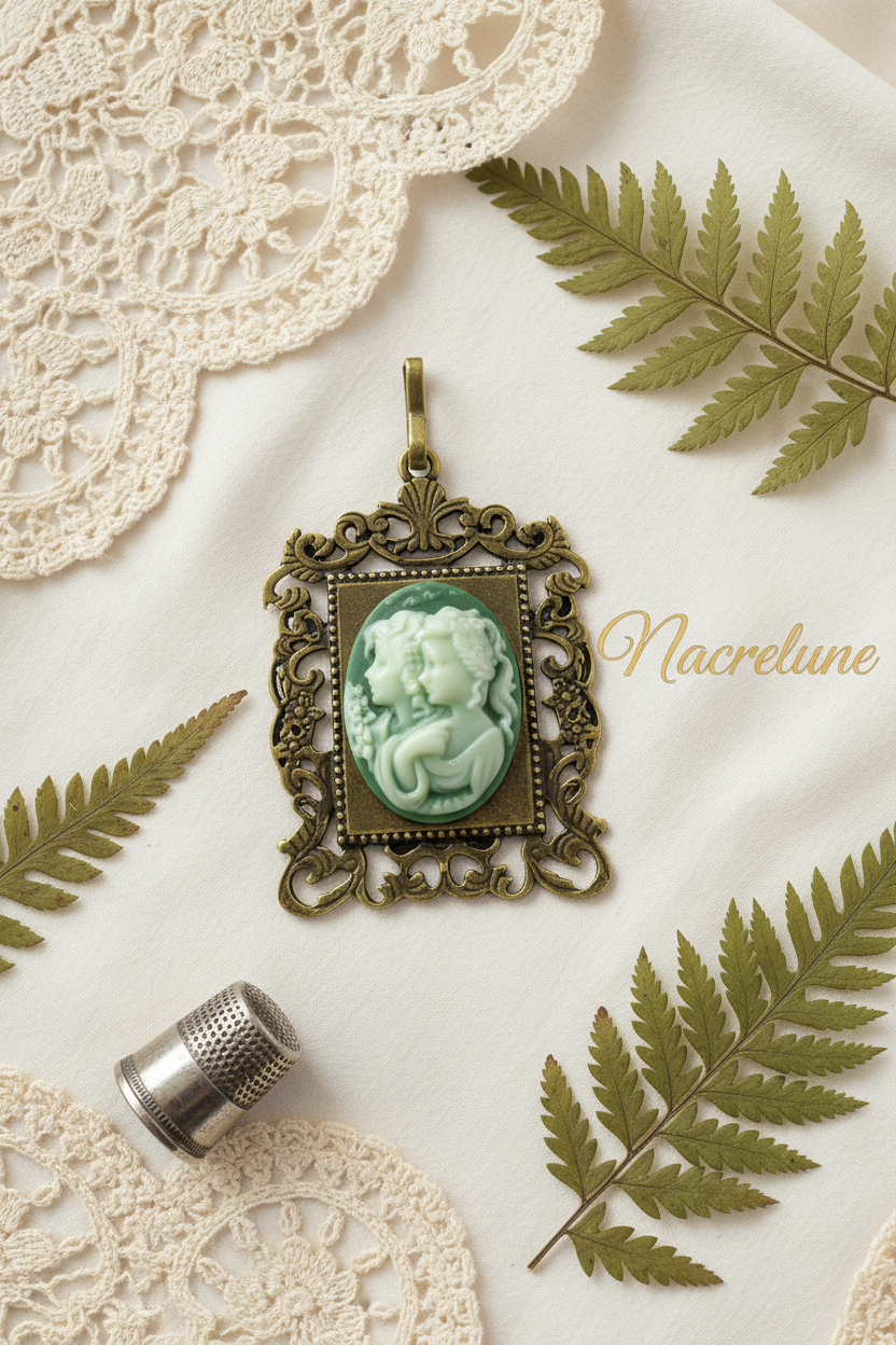 Pendentif camée en résine représentant 2 jeunes filles, choisissez votre couleur Vert nacrelune.com pendentif