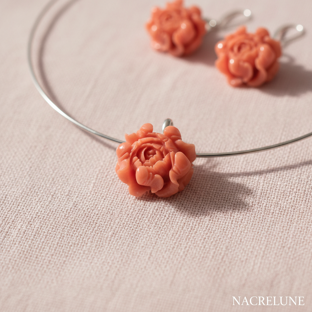 Parure Pivoine Corail | Collier Ras-de-Cou Rigide & Boucles d'Oreilles NACRELUNE parure