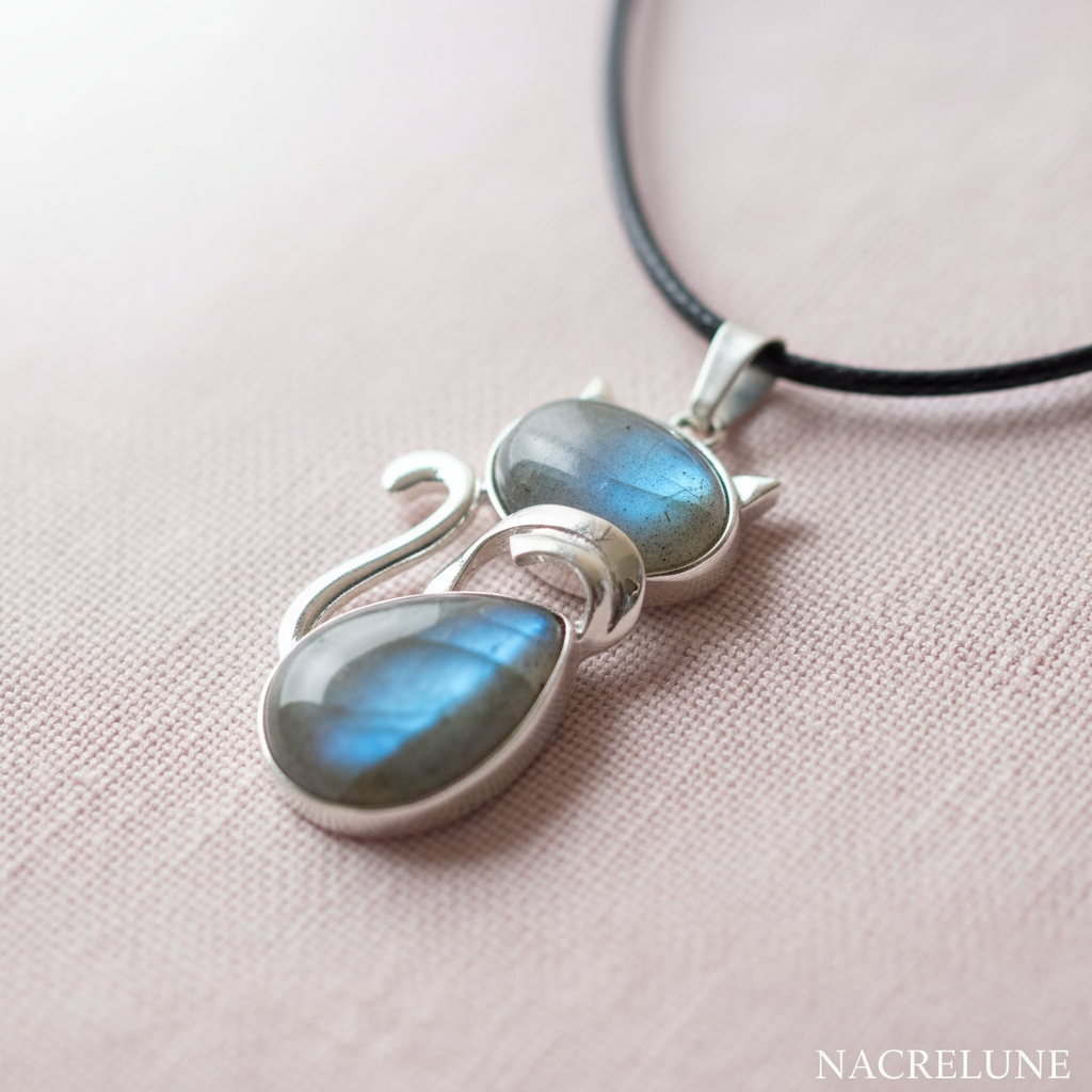 Pendentif Chat Labradorite | Tour de Cou Coton Ciré Noir NACRELUNE pendentif