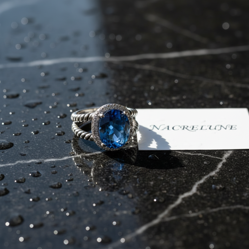 Bague en argent 925 avec topaze bleue ovale nacrelune.com Bague