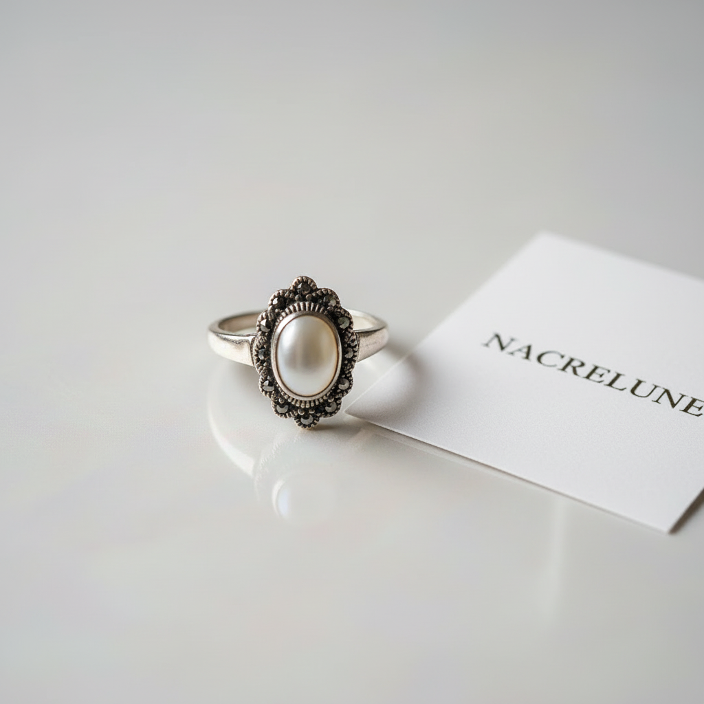 Bague en argent véritable avec marcassites et cabochon de nacre naturelle nacrelune.com Bague