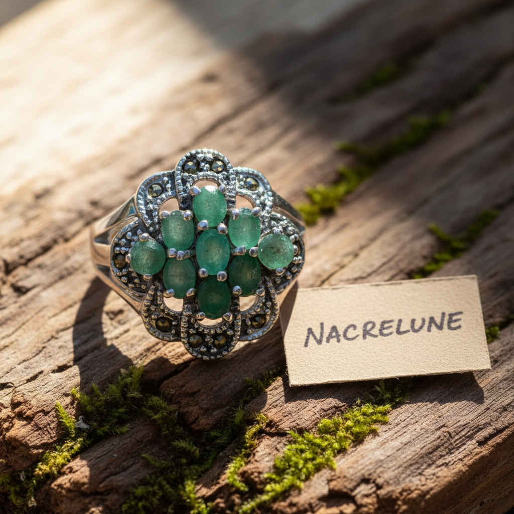 Bague en argent véritable et marcassites avec émeraudes vraies nacrelune.com Bague